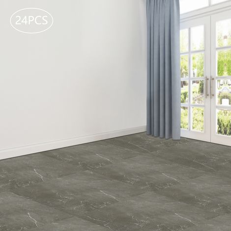 YISSALE - Dalles de sol PVC autocollantes 60x30 cm, lot de 24 carreaux adhésifs effet pierre grise 1,3 mm, revêtement de sol intérieur résistant aux UV et ignifuge pour salon, cuisine, bureau, garage (1/5)