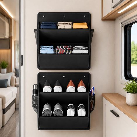 Rangement Camping Car, 2 Pièces Store Camping Car avec Adhésif6, Double Couche Rangement Chaussure Mural, Organisateur Chaussures, Accessoires Campings Cars pour Serviettes, Sacs (1/5)
