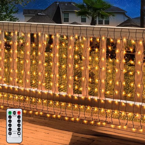 Filet Lumineux Extérieur, 2 m x 1 m 100LED alimentée par batterie, lumières de clôture de jardin, fil vert, lumières de cascade intérieures avec télécommande, étanche (blanc chaud)