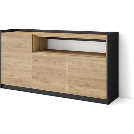 Skraut Home - Aparadores para salón, 156x37x80cm, 3 Puertas, Armario, zapatero, Roble y negro (1/5)
