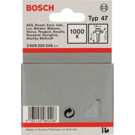 Clou à tête plate type 47 1,8 x 1,27 x 28 mm – Pour agrafeuses Bosch – Acier durci – SKU 2609200249 (1/3)