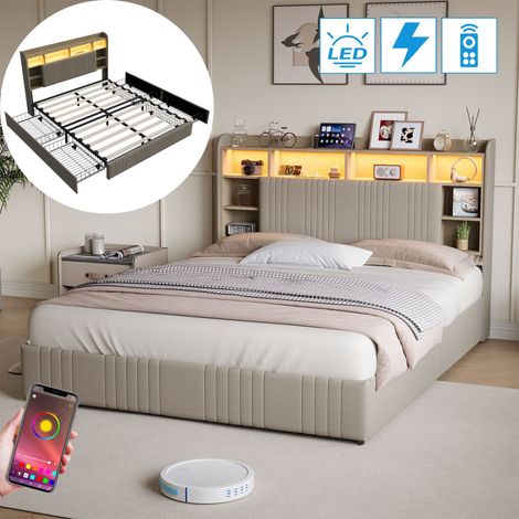Lit adulte 140x200 cm avec rangement - Lit double en lin, tête de lit avec rangement et éclairage LED, 4 tiroirs, sommier à lattes, pour chambre moderne - Beige