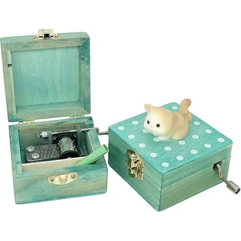 Mini wooden hand crank music box with lovely cat (yellow) (1/3)