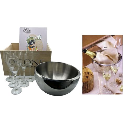 Set 6 Calici Flute + Secchiello Champagne Ghiaccio in Acciaio Inox Idea Regalo (1/2)
