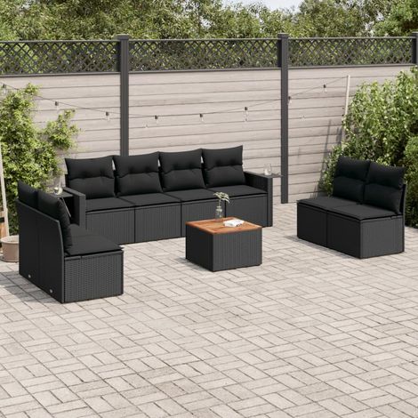 Salon de Jardin 9 Places Noir Résine Tressée avec Coussins - Ensemble Canapé Jardin Modulaire avec Table Acacia et Espaces de Rangement (1/3)
