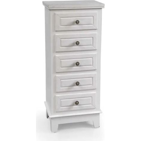 Commode Perla en bois blanc décapé 40 x 30 x 94 avec 5 tiroirs élégants