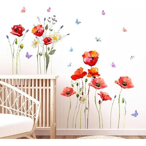 Coquelicots Rouges Stickers Muraux, Papillon Floral Aquarelle Stickers Mural, Auto-adhésives et Amovibles Autocollants Muraux pour Salon Chambre Bureau Canapé Fond TV Murale (1/5)