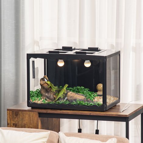 Terrarium für Schildkröten, Chamäleons, Leguane, Geckos und Reptilien mit Thermometer (18–34 °C), 60 x 40 x 40,5 cm, Schwarz