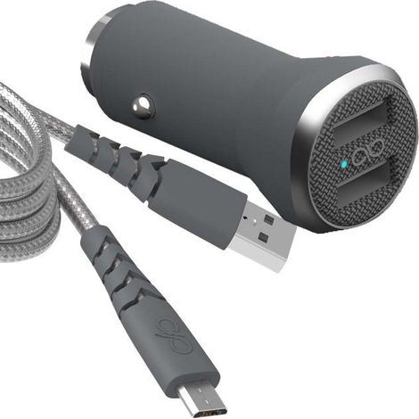 Chargeur voiture 4.8A (2.4+2.4A) IC Smart + Câble renforcé USB A/micro USB Force Power Gris (1/4)