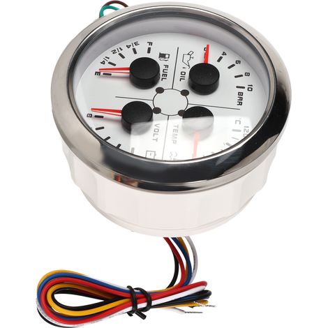 Jauge multifonction 4en1 85mm : niveau carburant, pression huile, température eau, voltmètre DC 9-32V pour voiture camping-car bateau moto blanc argent ℃/BAR (1/5)