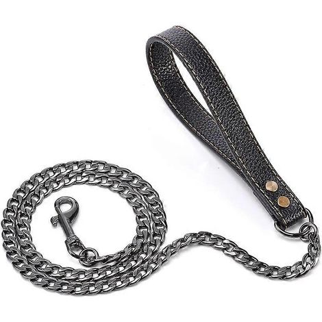 Laisse pour chien en métal de 1,25 m (4,5 pi) avec chaîne en acier inoxydable et poignée en cuir plaqué or 18 carats, idéale pour l'éducation des chiens de taille moyenne. Couleur : noir. (1/5)