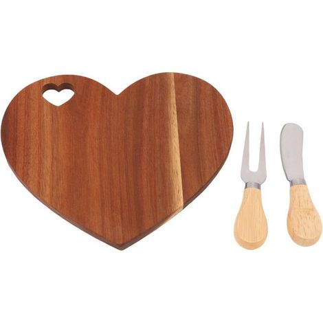 3 pièces planche à fromage cœur, bois d'acacia 21 cm, couteau et fourchette beurre, plateau présentation apéritif Saint-Valentin