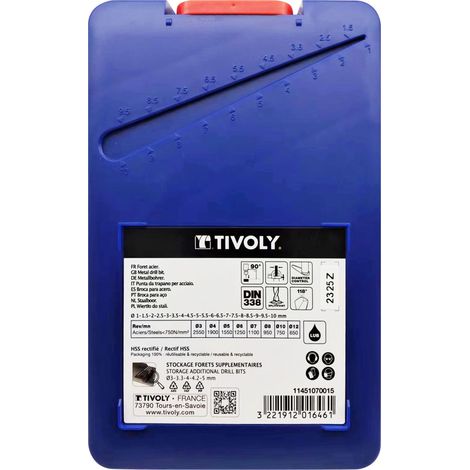 Tivoly • Scatola da 19 punte per metallo HSS rettificate con punta a croce Ø da 1 a 10mm da 1/2