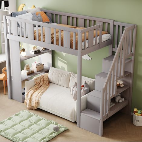 MEUBLIV Letto a soppalco 90x200 cm grigio – con contenitori e scala, senza materasso (1/5)