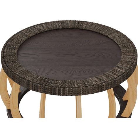 Table ronde en bois massif, en rotin. Pieds incurvés. Style boho. Parfait pour la salle à manger, la cuisine et le salon. Couleur : noir ou marron. (1/5)