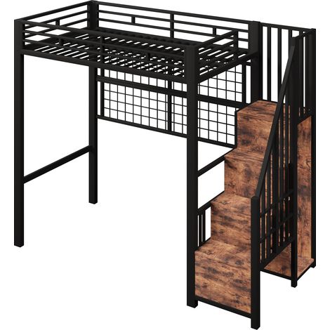 90 x 200 cm Metall-Hochbett mit Treppe, Stauraum, Gitter und 7-farbiger LED, Schwarz (1/5)