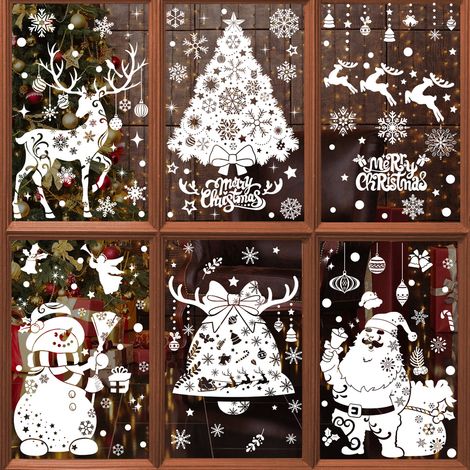 Autocollants de Noël, stickers pour fenêtres, sapin blanc avec le Père Noël, cloches, traîneau, bonhomme de neige, renne, flocons de neige, autocollants électrostatiques
