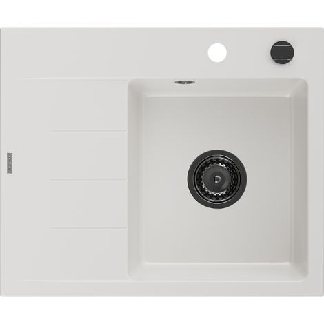 Mexen Ben évier en granit 1 bac avec égouttoir à droite 600 x 500 mm, blanc, siphon noir - 6523605000-20-B (1/5)