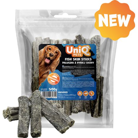 Snack per cani Uniq Pets vegetariani e a base di pesce, 500 g, bastoncini di pelle di pesce (1/3)