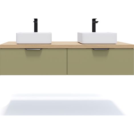Meuble de salle de bain suspendu 2 vasques à poser 140cm 2 tiroirs Vert olive - Soho (1/5)
