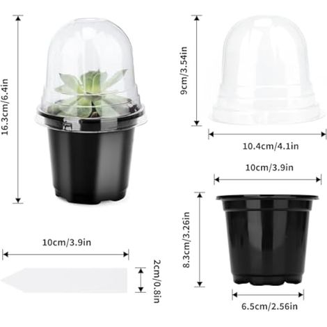 Pot de 10 cm, 12 pots de fleurs en plastique, pots de rempotage avec couvercle transparent et 10 étiquettes pour plantes, seau de plantation – Noir (1/4)