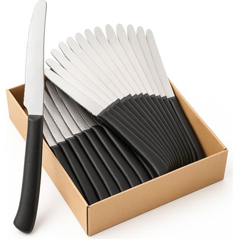 Set 24 coltelli in acciaio inox da 21 cm con lama seghettata e punta tonda - Made in Italy (1/5)