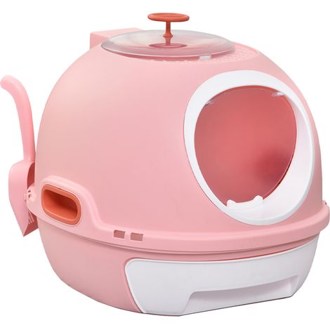 Bac à litière chat maison toilette portable tiroir coulissant porte battante lucarne + pelle 47L x 55L x 44H cm rose