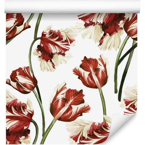 Carta da parati con tulipani bianchi e rossi per soggiorno e camera da letto, 50x1000 cm. (1/5)