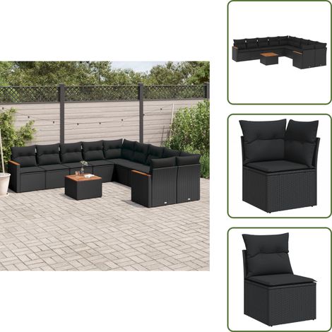 The Living Store Salon de jardin 11 pcs avec coussins noir résine tressée - Ensemble Salon De Jardin - Mobilier De Jardin - Canapé Extérieur - Table De Jardin - Chaise Lounge