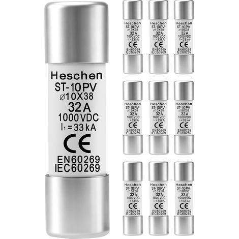 Heschen ST-10PV Solar Fuses PV 32A 1000V DC 10x38mm gPV Photovoltaic Fuse for Junction Box, Panel (1/5)
