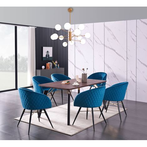 Cosmo LUX Vittorio Dining Set - a Walnut Wooden Dining Table and Set of 6 Blue Velvet Dining Chairs - Dining Room Kitchen (1/5)