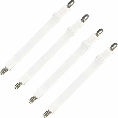 Lot de 4 accessoires literie tendeur de drap réglable sangle élastique fixation, pour drap lit, canapé, housse de repassage - 30cm à 120cm, blanc (1/5)