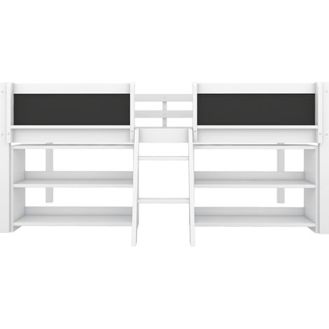 Cama infantil alta 90 x 200 cm con almacenaje, escalera y barreras, pino y MDF, blanca (1/5)