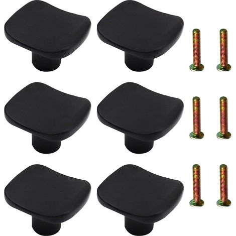 6 pomos cuadrados negros para armarios con tornillos - Modernos, de un solo orificio, de aleación de zinc - Para armarios, cajones y muebles