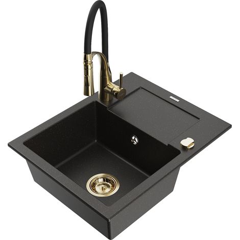 Mexen Enzo lavello in granito a 1 vasca con gocciolatoio e rubinetto da cucina Aster, nero/oro metallizzato - 6506-75-73450-57-G (1/5)