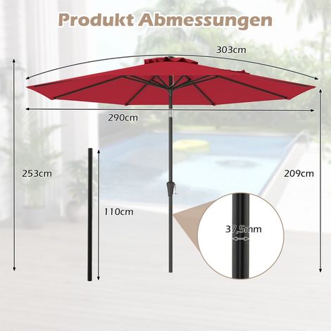 Roter Sonnenschirm mit Kurbel, 300 cm, Neigungsverstellbar