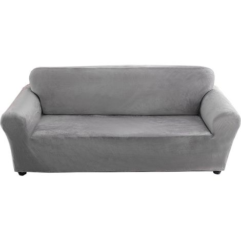 Housse canapé 3 places intégrale élastique en velours renard argenté épais, anti-poussière anti-glissante, toute saison 190‑230 cm (1/5)