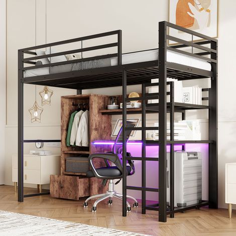 Lit mezzanine 90x200 cm - avec éclairage LED - avec bureau - avec 1 tiroir - avec escalier - noir (matelas non inclus)