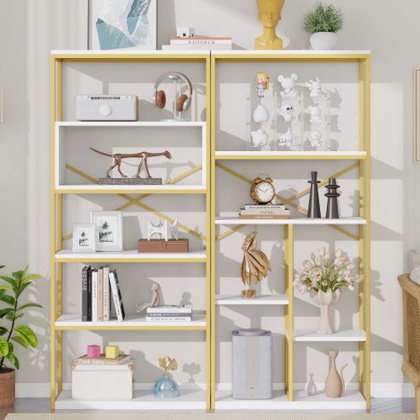 Étagère métallique de style moderne, dotée d'une structure robuste en acier tubulaire, d'un design géométrique, d'une configuration à plusieurs niveaux et d'accents décoratifs circulaires — idéale pou (1/5)