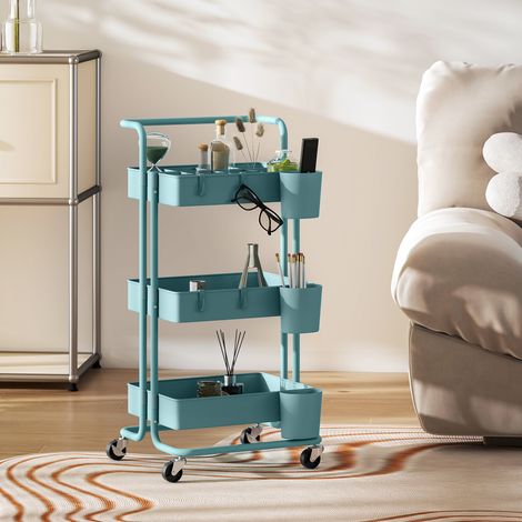 Carrello di servizio a 3 ripiani con 4 ganci e 3 scatole sospese rimovibili, 42 x 38 x 86,5 cm, blu-verde