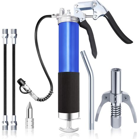 Pompe à Graisse Bleu Manuelle Pompe a Graisse Pistolet à Graisse Professionnel Robuste à Poignée Pistolet de 8000 PSI avec Tuyau Flexible, rallonge Rigide et buse