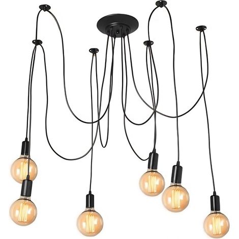1 Lustre Industriel 6 Bras, Suspension Métal Noir Réglable, Design Araignée Vintage Pour Salon Salle à Manger