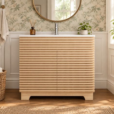 Meuble sous-vasque sur pieds 91 x 46 cm avec vasque en céramique, naturel HAVRYA (1/5)