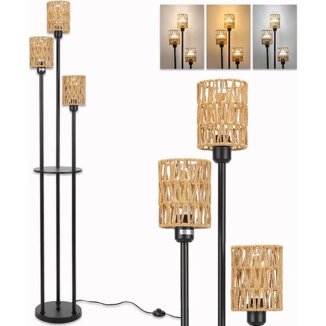 Lampadaire sur Pied Bohème avec Etagère 3 Lumières Rotin Tressé Lampadaire Salon, interrupteur à pied, 3 Abat-jour en Rotin Tressé, Hauteur 1,66m, Câble 1,8m avec Prise UE, Chambre Bureau (1/5)