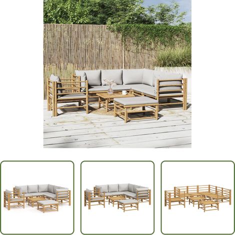 Bambusmöbel - 8-tlg. Garten-Lounge-Set mit Kissen Hellgrau Bambus (1/5)