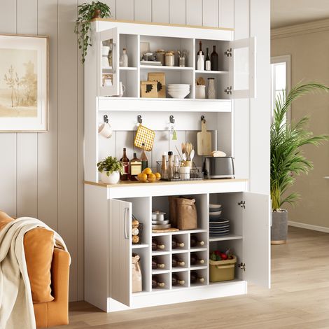 Buffet de cuisine en panneaux de particules blanc et bois naturel 106x39x175 cm, avec vitrines, casier à vin et crochets (1/5)