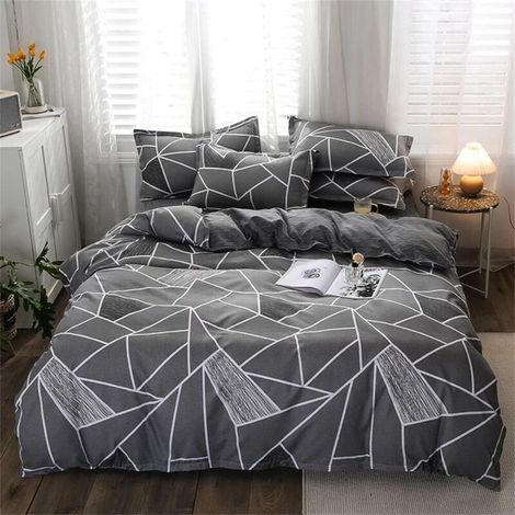 Housse de couette 220x240 cm 4 pièces avec 2 taies 74x48 cm Microfibre polyester respirante Motif géométrique gris (1/5)