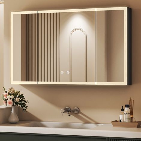 3 Türen Spiegelschrank mit Beleuchtung 100x60cm Aluminium LED Spiegelschrank Bad mit Beleuchtung Badezimmerschrank, Badschrank Hängeschränke Spiegel Kabinett mit 3-Farben Dimmbar, Beschlagfrei (1/5)