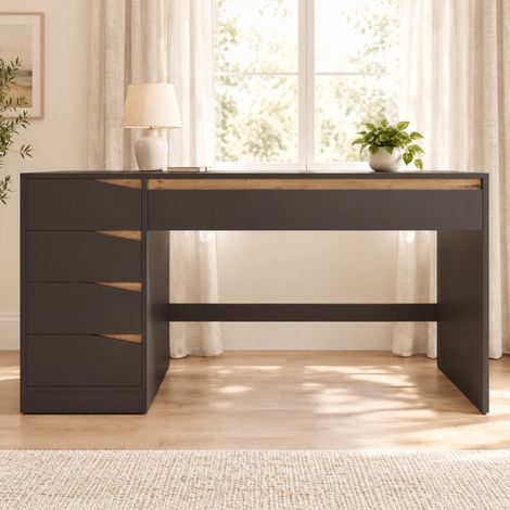 Scrivania per computer 140x50x78 cm in MDF grigio con 5 cassetti FloraGrace (1/4)