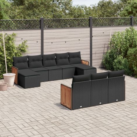 Ensemble Salon Jardin 10 Places Résine Tressée Noir avec Coussins - Canapé, Fauteuil et Pouf Modulables (1/5)
